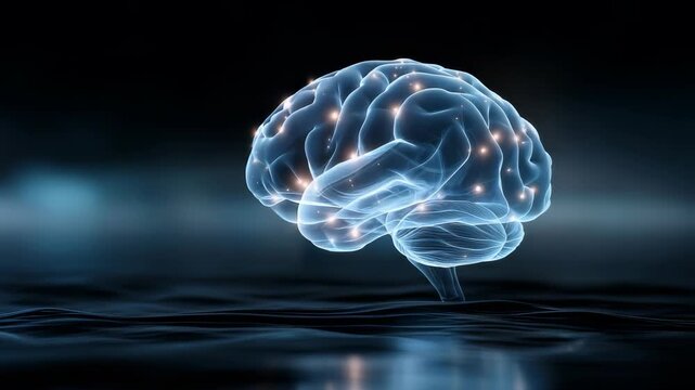 A glowing transparent brain floats above a dark surface, illuminated by neural pathways and digital lights. This image represents intelligence, neuroscience, and modern technological advancements