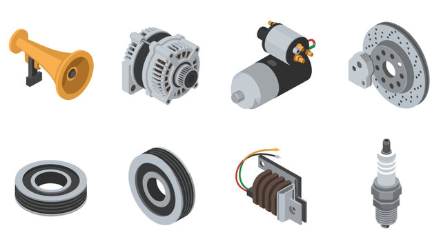 Isometric car parts collection: engine, alternator, starter, brake disc, pulley, ignition coil