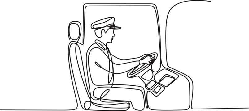One continuous line drawing of a Bus Driver is on duty vector design illustration. Driver on cabin design illustration simple linear style vector concept. one line art icon drawing vector