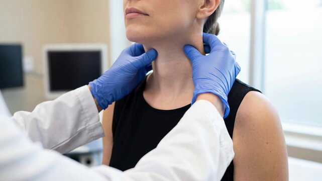 Doctor performing neck palpation during clinical exam to a female patient checking thyroid and lymph nodes in a medical office.