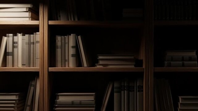Wooden bookshelf filled with stacks of books in dark room