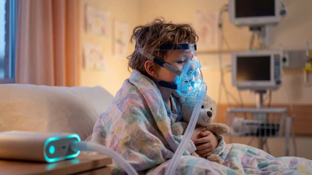 Sick child wearing a nebulizer mask in a hospital bed for respiratory issues, holding a teddy bear surrounded by medical monitors and equipment.