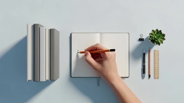 Creative workspace with notebooks and stationery on white wall