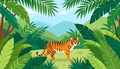 Tiger in Lush Jungle - A Vibrant Wildlife Illustration.