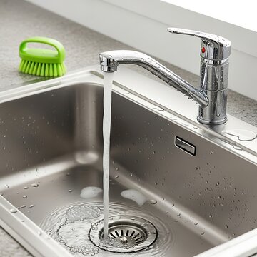 Stainless Steel Sink with Running Water and Brush.