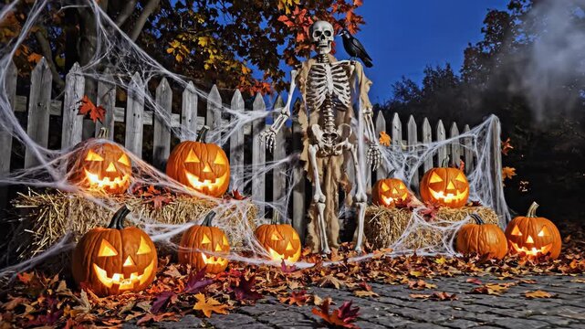 Eerie halloween night with flickering jacko'lanterns and spooky skeleton by leafcovered fence