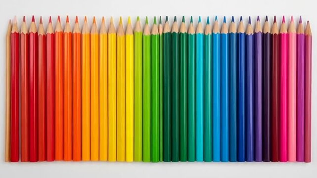 Vibrant colored pencils arranged in rainbow pattern