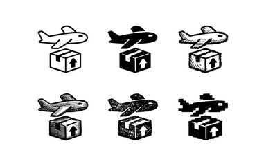 Collection of airplane and cargo box icons representing air freight and logistics services