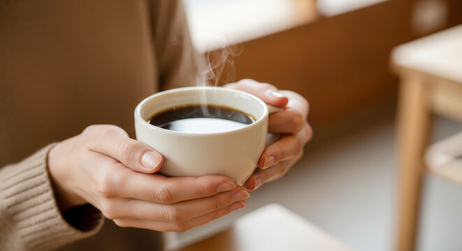 コーヒーカップを持つ女性の手：芳ばしく香る淹れたてコーヒーのアロマとリラックスタイム