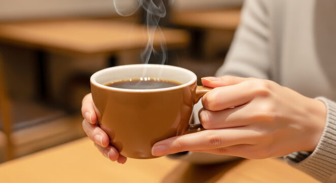 コーヒーカップを持つ女性の手：芳ばしく香る淹れたてコーヒーのアロマとリラックスタイム