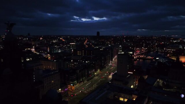 Iconic Liver Building at Dawn: Aerial Drone Flight Between Liver Birds, Liverpool