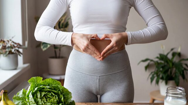 Woman holding her stomach in a heart shape while standing behind healthy foods for gut and digestive wellness.