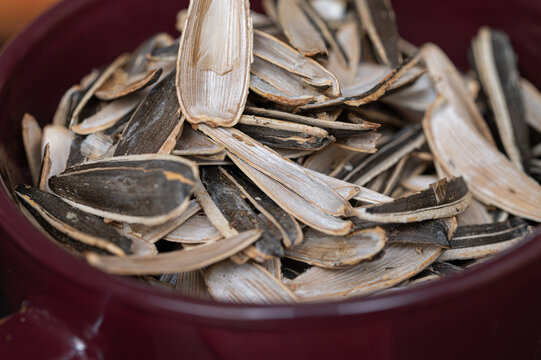 Empty sunflower seed shells in a bowl close up