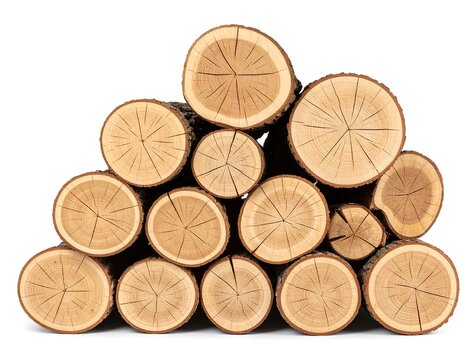 Stack of Cut Logs on White Background.