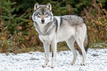 Obraz premium Gray wolf standing in a clearing, with green foliage background