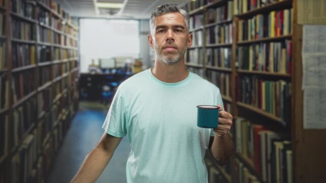 Man with grey hair holding teal mug at chest, right hand raised near mouth while standing in a library aisle between bookshelves; contemplation.