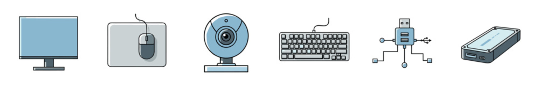 Set of computer peripheral device icons featuring a monitor, mouse, webcam, keyboard, USB hub, and external hard drive in a clean, minimalist line art illustration style