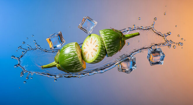 Thai Eggplant, on color gradient background, mid-air splash