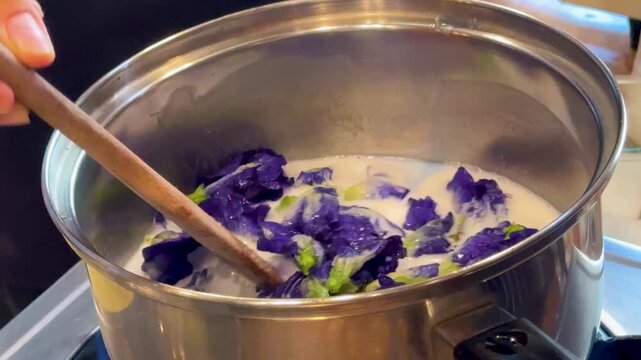 Adding Butterfly Pea Flowers to Coconut Milk to Make Thai Sticky Rice with Mango