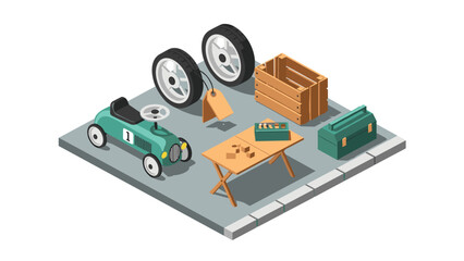 Isometric children's car workshop set with tools and parts