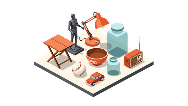 Isometric retro objects with modern robot and vintage radio on display