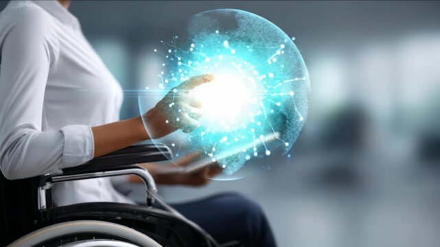 A person in a wheelchair uses a tablet and touches a glowing digital network, representing inclusive technology. The scene highlights progress, accessibility, and digital transformation for all users