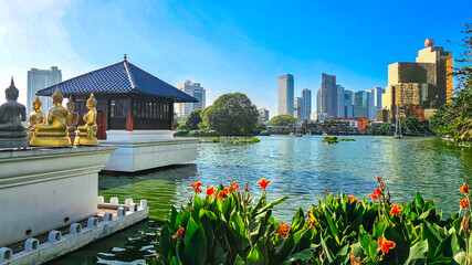 Cityscape view in Colombo Sri Lanka, with the Lake and many statues