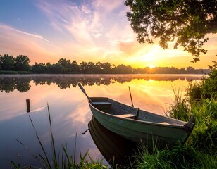 Obraz premium Serene sunrise over water with an empty rowboat docked along a grassy bank