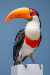 Fototapeta premium Striking toucan perched, vibrant orange beak, red throat, against blue backdrop