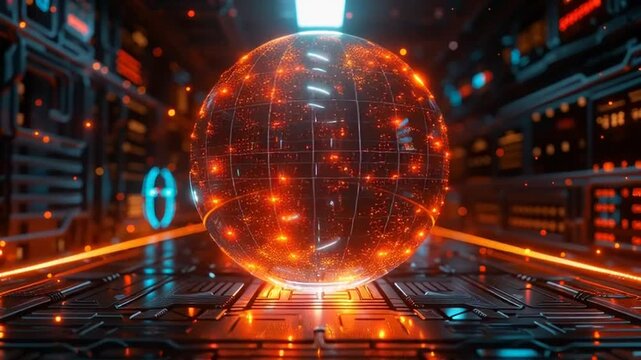 Glowing orange sphere on a circuit board in a futuristic technological environment with neon lights.