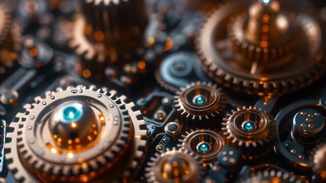 Mechanical gears interlock in a complex industrial machine with glowing blue accents.