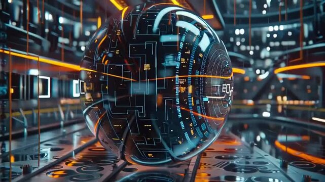 A futuristic digital globe displays data in a technological environment with orange and blue lights.