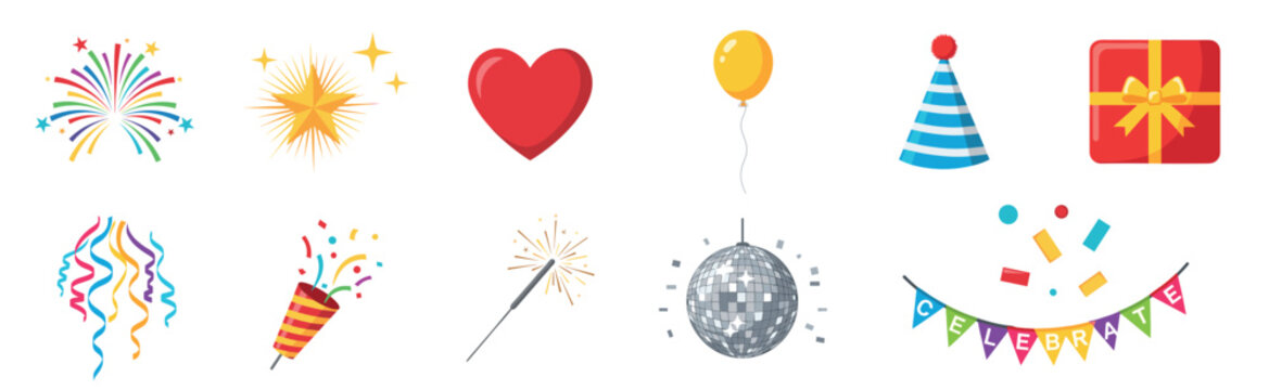 Vibrant set of flat vector celebration icons featuring a disco ball, fireworks, party popper, gift box, heart, and festive decorations for holidays and birthdays