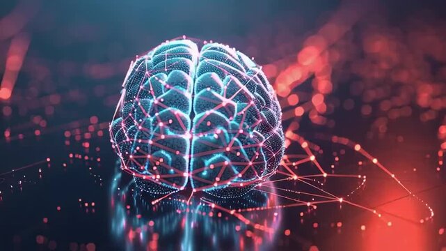 A futuristic digital brain glows with blue and red lights on a dark background.