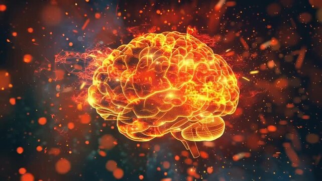 A glowing orange brain explodes in a dark space with sparks flying everywhere around it.