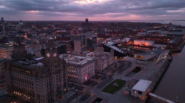 Liverpool Waterfront Aerial at Dawn: Pier Head, Three Graces, and Museum Skyline