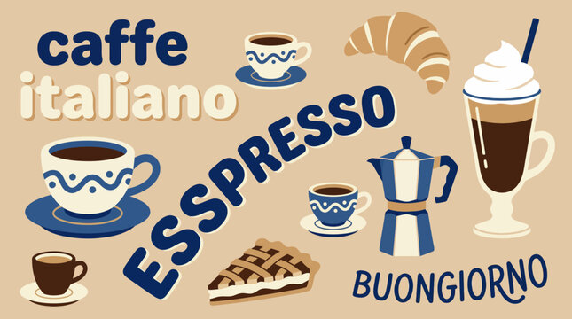 Italian coffee scene featuring espresso cups, croissant, biscotti, and Buongiorno greeting in a cozy breakfast setting