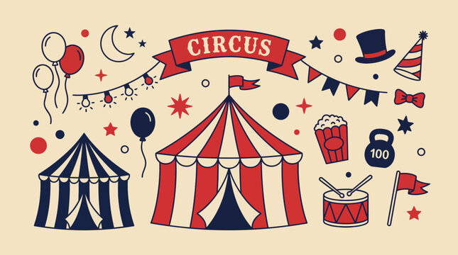Whimsical circus scene with red-and-white striped tents, banners, balloons, top hat, drum, and popcorn in a playful illustration