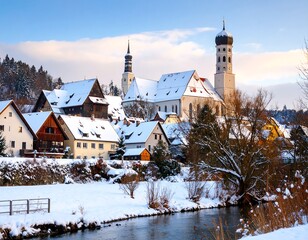 Snow Covered Village with Church Tower.