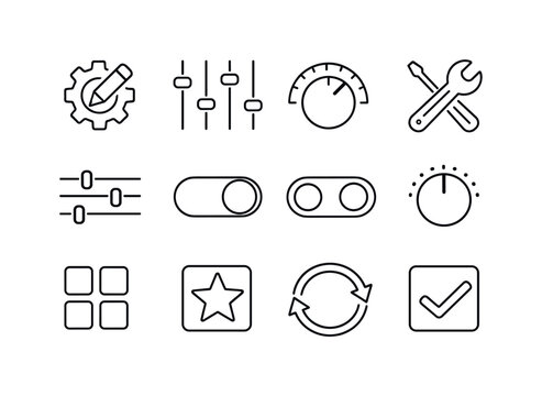 Line style vector icons of UI personalization icons: customize, adjust, tune, modify; slider, toggle, switch, knob; preset,
