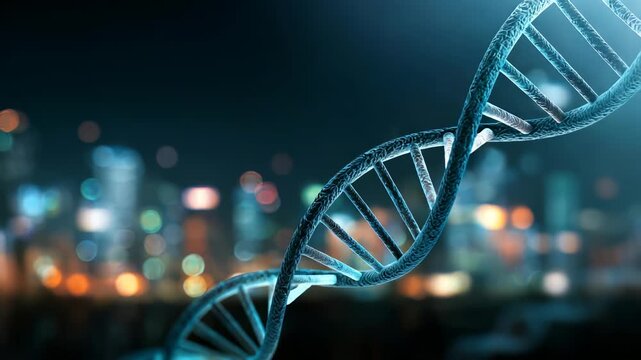 A detailed DNA double helix stands out against a vibrant, out of focus urban skyline, representing modern biotechnology. The image evokes themes of genetics, research, and future medical breakthroughs