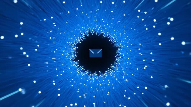 Digital animation of a glowing envelope icon appearing in a fiber optic data tunnel