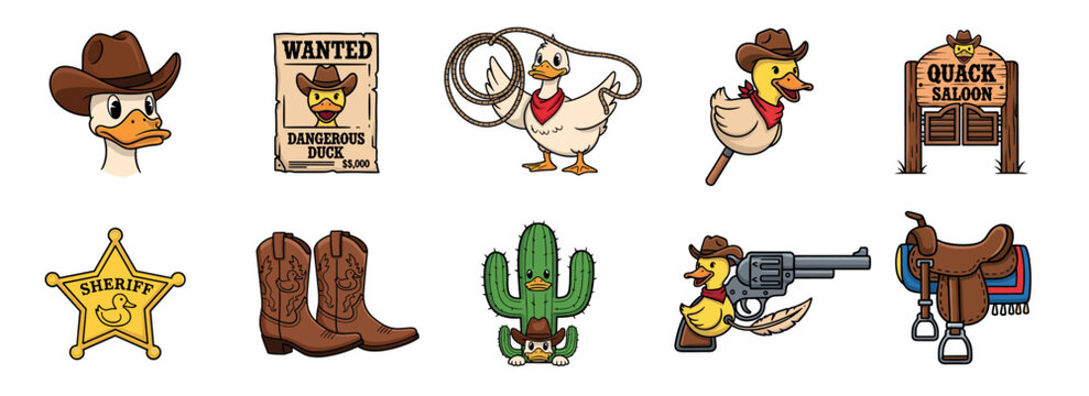 Set of cartoon cowboy duck illustrations featuring a sheriff, wanted poster, saloon, boots, and other western-themed elements in a playful and colorful sticker pack design