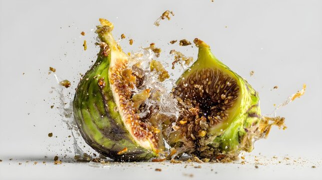 High Speed Action Shot of a Ripe Green Fig Bursting with Fresh Water Splashes and Golden Pastry Crumbs on a Light Gray Background