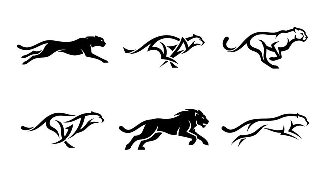 Collection of Dynamic Running Big Cat Silhouettes Featuring Leopard Lion and Cheetah.
