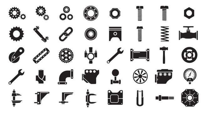Mechanical Parts and Industrial Components Black Silhouette Icon Set