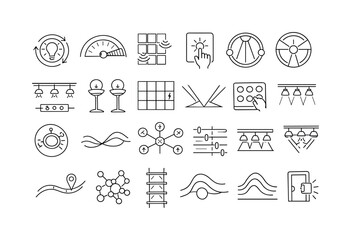 Obraz premium Line vector icons of illumination-as-a-service models: lumen-flow tokens, brightness-adjust arcs, ambient-sense grids,