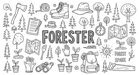Fototapeta premium Doodle collection of forest ranger equipment and nature elements