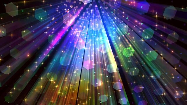 Radiant rainbow light beams with floating colorful hexagonal particles abstract motion background loop