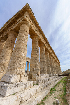 Monumental Low-Angle View of the Unfinished Doric Temple of Segesta, Sicily, a Classical Greek Ruin